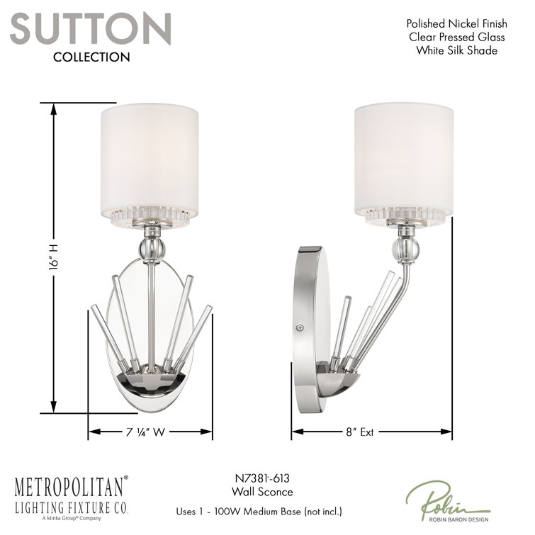Sutton 16'' Polished Nickel Cylinder Sconce with White Silk Shade
