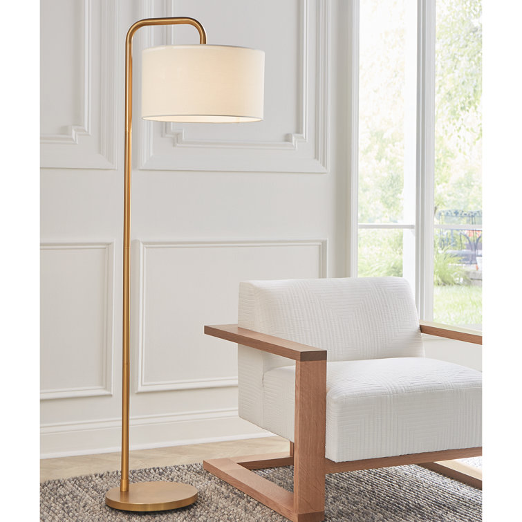 Dean Burnished Brass Outdoor Floor Lamp with White Linen Shade