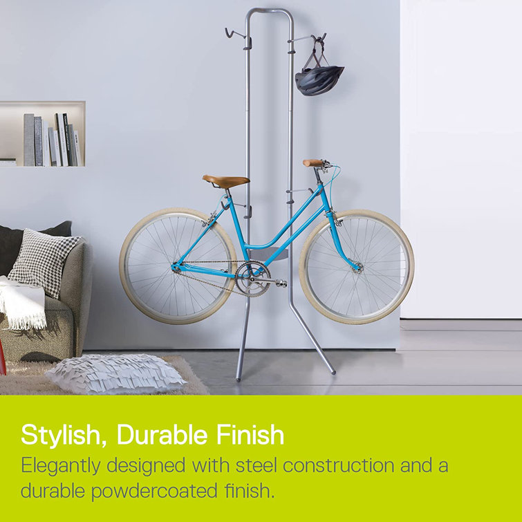 Silver Steel Adjustable Indoor Bike Storage Rack with Helmet Hooks