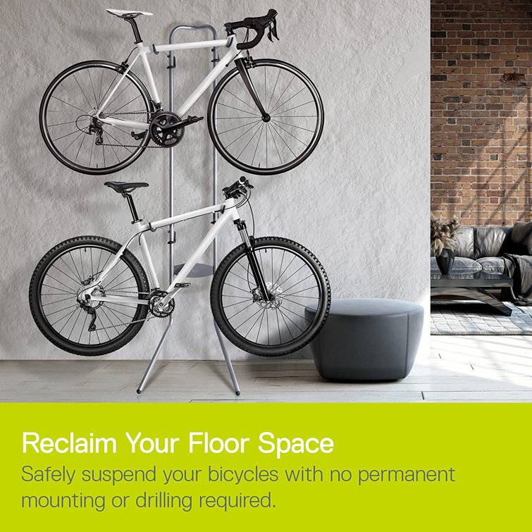 Silver Steel Adjustable Indoor Bike Storage Rack with Helmet Hooks