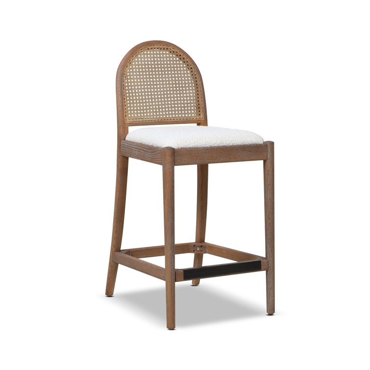 Ivory White Boucle and Oak Curved Bar Stools, Set of 2