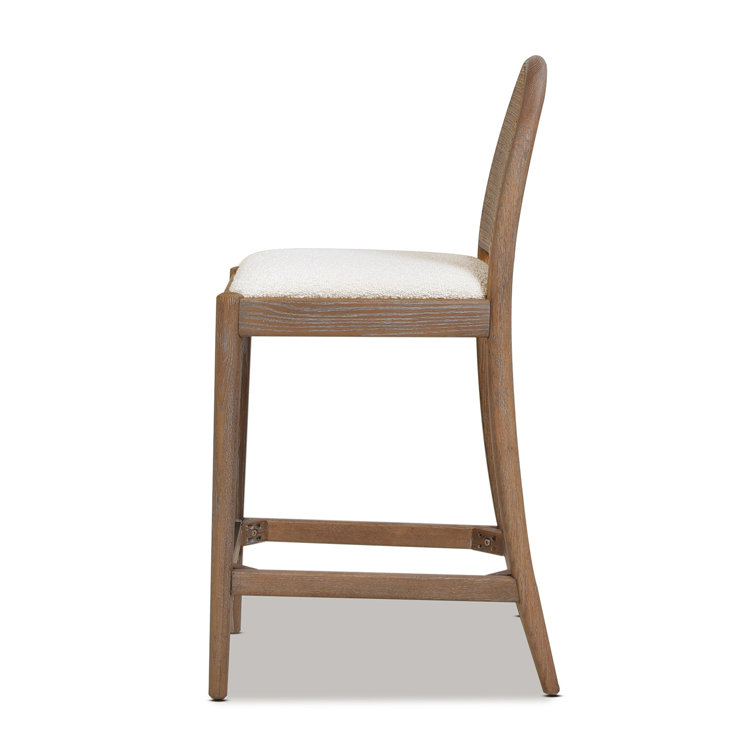 Ivory White Boucle and Oak Curved Bar Stools, Set of 2