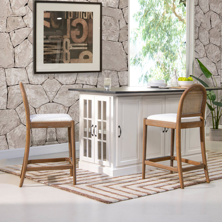 Ivory White Boucle and Oak Curved Bar Stools, Set of 2