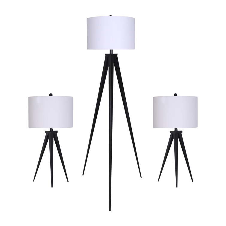 Sleek Black Metal Tripod Lamp Set of 3 with LED Bulbs