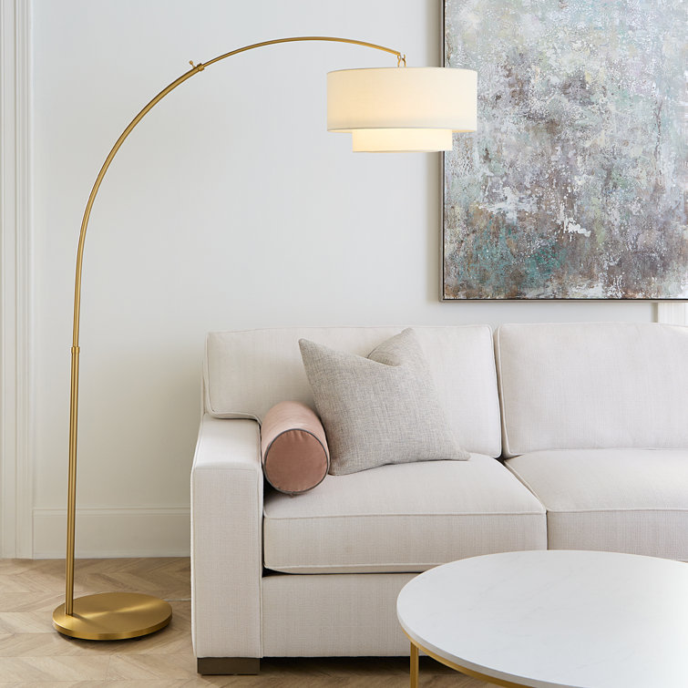 Midnight Black Arched Floor Lamp with White Linen Shade