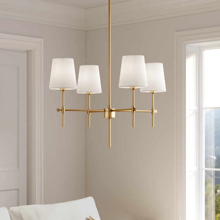 Satin Brass 4-Light Chandelier with White Linen Shades