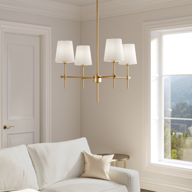 Satin Brass 4-Light Chandelier with White Linen Shades