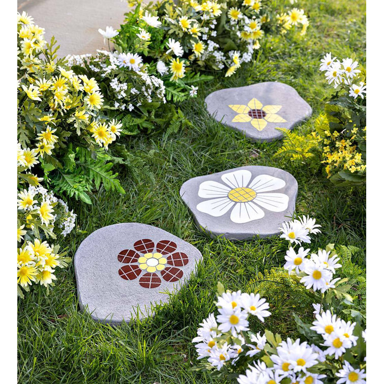 Yellow Floral Ceramic Mosaic Concrete Stepping Stone