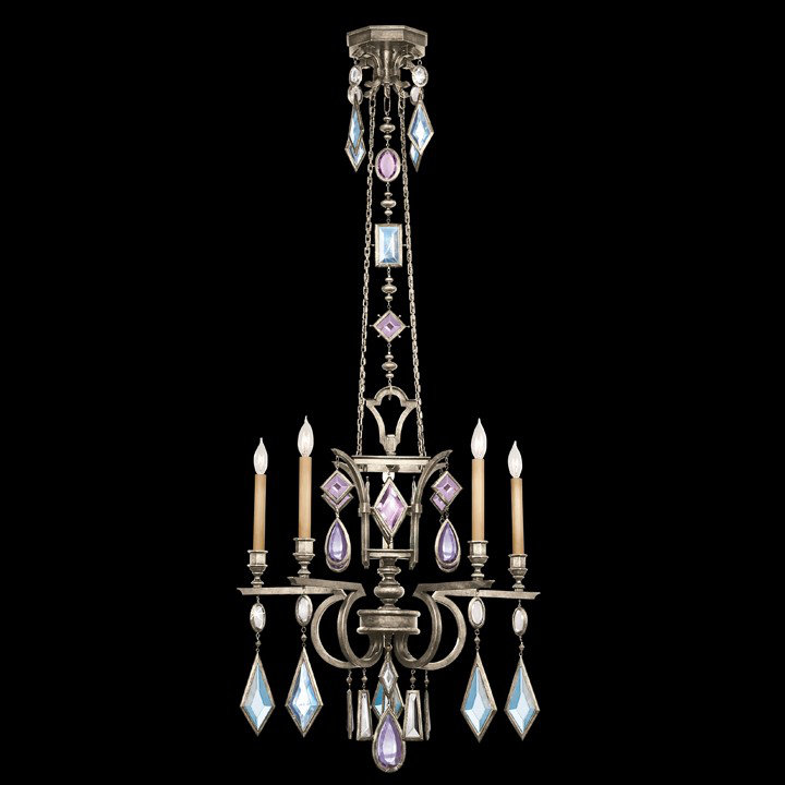 Vintage Silver Leaf 5-Light Chandelier with Crystal Gems
