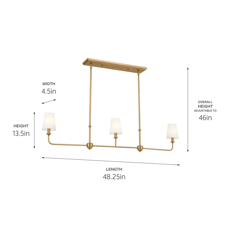 Brushed Natural Brass 3-Light Linear Chandelier with Fabric Shades