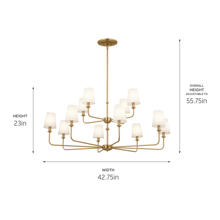 Brushed Natural Brass 12-Light Chandelier with Fabric Bell Shades