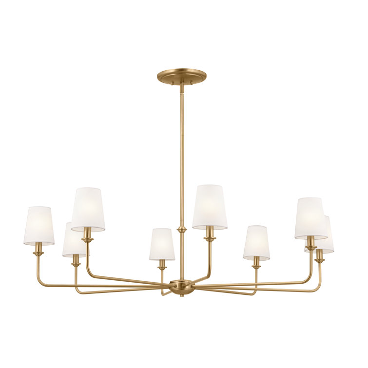 Brushed Natural Brass 8-Light Chandelier with White Linen Shades