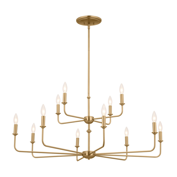 Brushed Natural Brass 12-Light Chandelier with Fabric Bell Shades