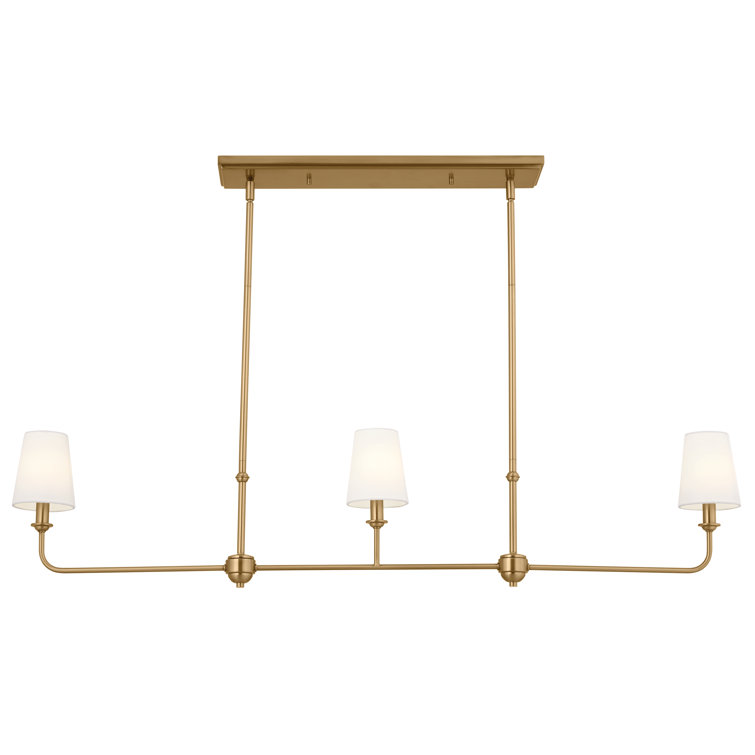Brushed Natural Brass 3-Light Linear Chandelier with Fabric Shades