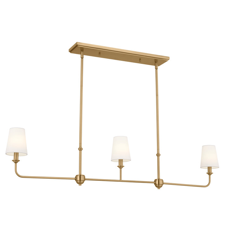 Brushed Natural Brass 3-Light Linear Chandelier with Fabric Shades