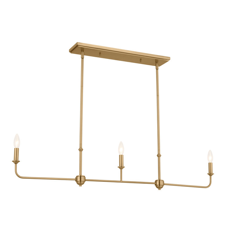 Brushed Natural Brass 3-Light Linear Chandelier with Fabric Shades