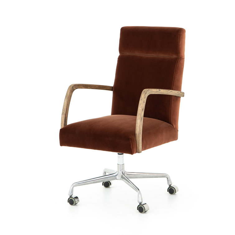Masterson Burnt Auburn Velvet Swivel Desk Chair with Distressed Oak Frame