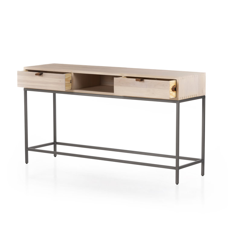 Mid-Century Modern Dove Poplar Console Table with Leather Pulls
