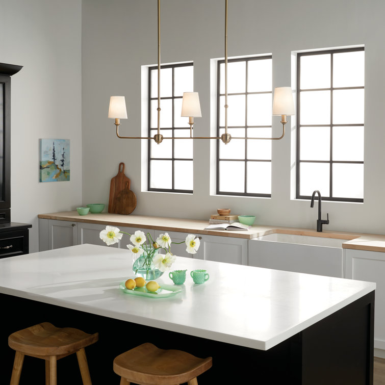 Brushed Natural Brass 3-Light Linear Chandelier with Fabric Shades