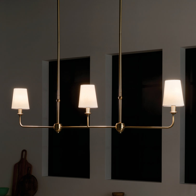 Brushed Natural Brass 3-Light Linear Chandelier with Fabric Shades