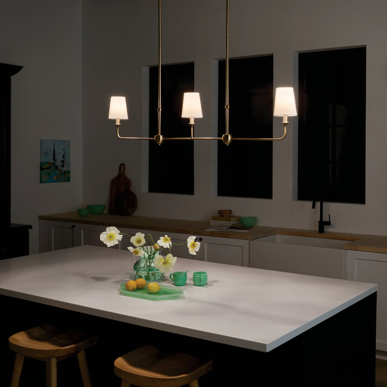 Brushed Natural Brass 3-Light Linear Chandelier with Fabric Shades