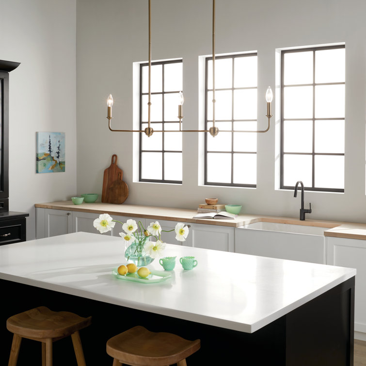Brushed Natural Brass 3-Light Linear Chandelier with Fabric Shades