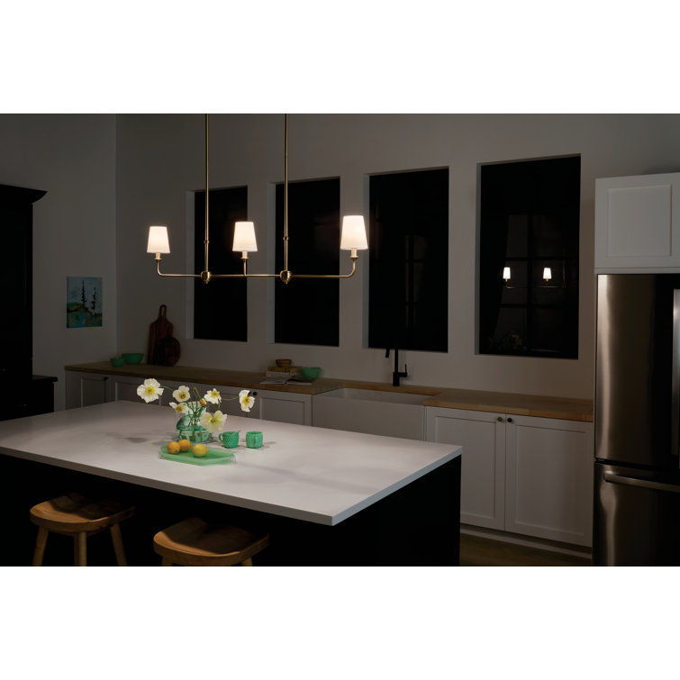 Brushed Natural Brass 3-Light Linear Chandelier with Fabric Shades