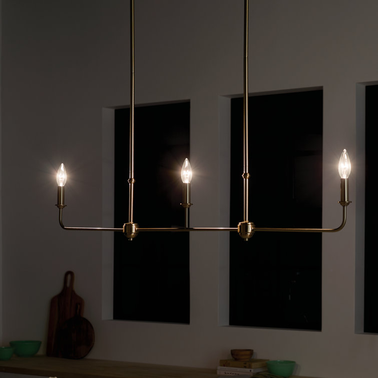 Brushed Natural Brass 3-Light Linear Chandelier with Fabric Shades