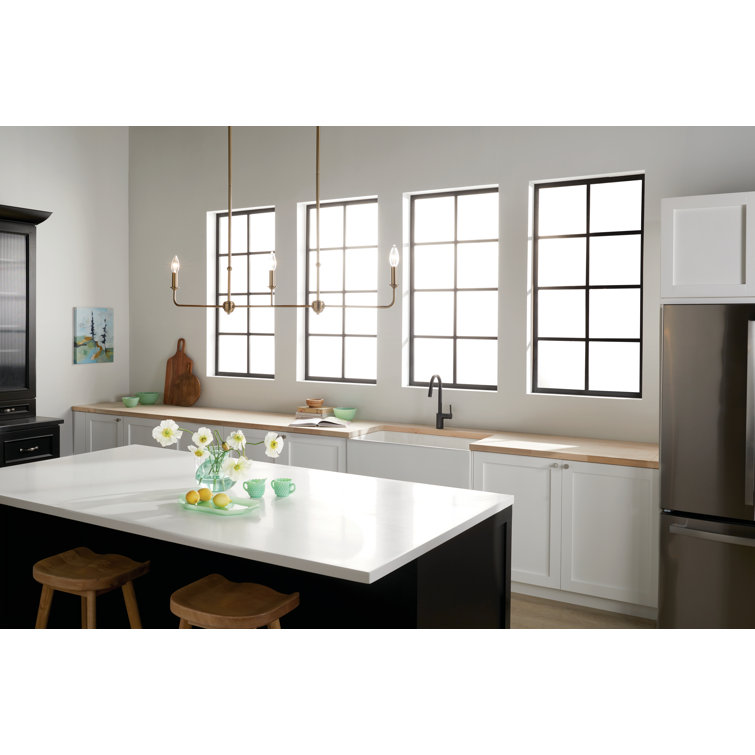 Brushed Natural Brass 3-Light Linear Chandelier with Fabric Shades