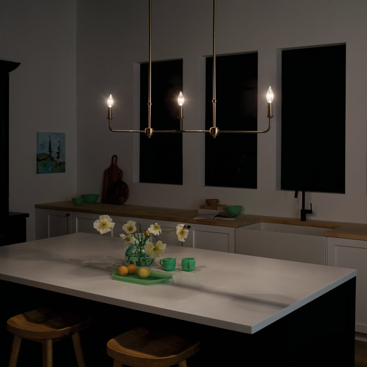 Brushed Natural Brass 3-Light Linear Chandelier with Fabric Shades