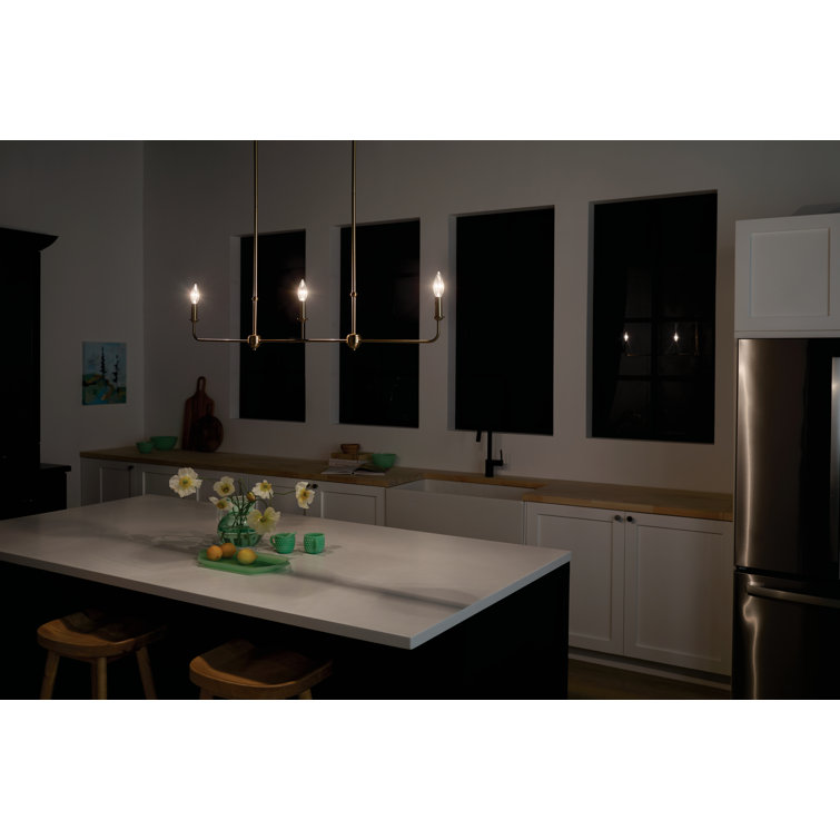 Brushed Natural Brass 3-Light Linear Chandelier with Fabric Shades