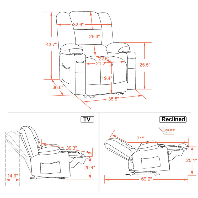 Gray Polyester Blend Power Recliner with Heat and Massage