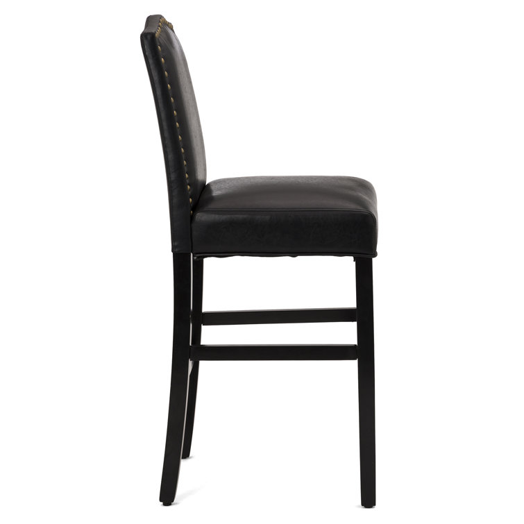 Black Leather Upholstered Bar Stools with Wood Legs, Set of 4