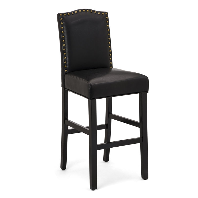 Black Leather Upholstered Bar Stools with Wood Legs, Set of 4