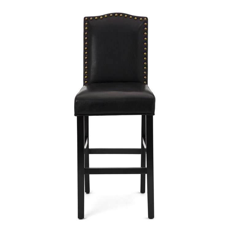 Black Leather Upholstered Bar Stools with Wood Legs, Set of 4