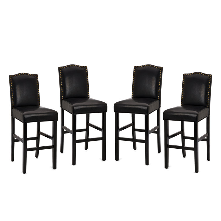 Black Leather Upholstered Bar Stools with Wood Legs, Set of 4