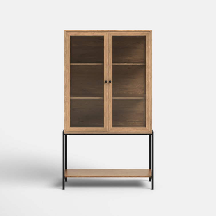 Light Brown Wood and Glass Curio Cabinet with Metal Base