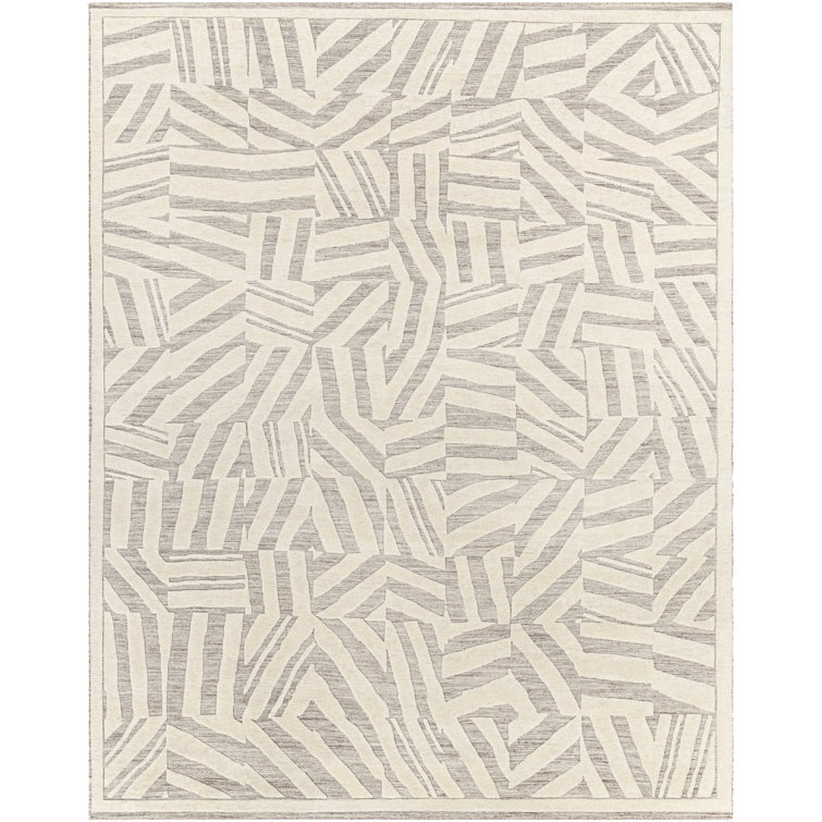 Rectangular Gray and Off-White Wool Geometric Area Rug
