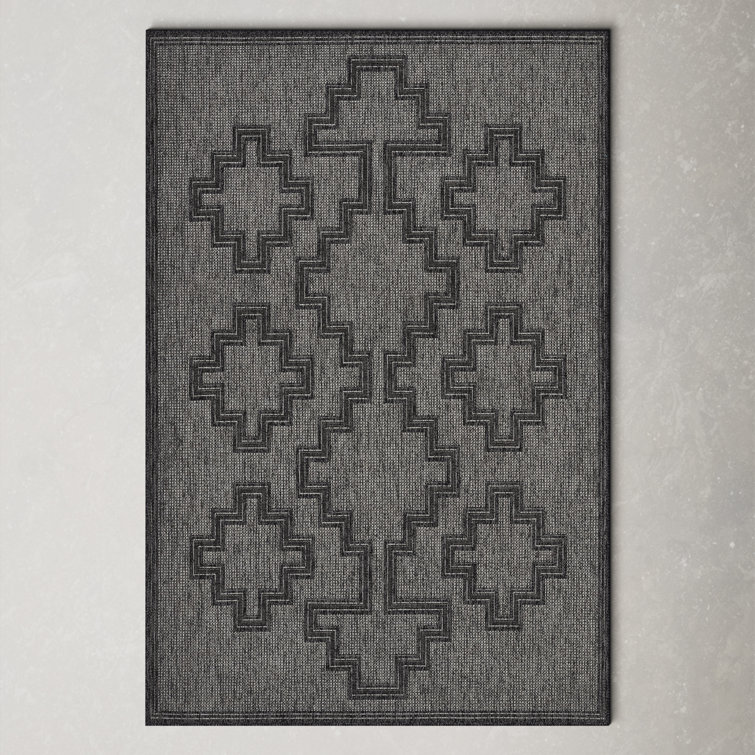 Ava Rectangular Blue and Black Synthetic Indoor/Outdoor Rug