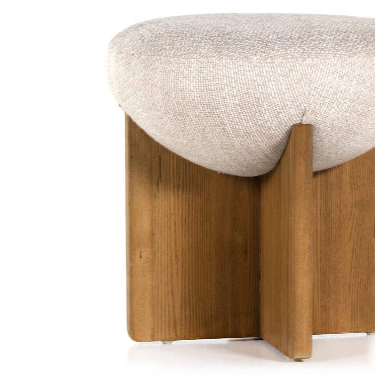 18'' Contemporary White Round Ottoman with Ash Wood Base