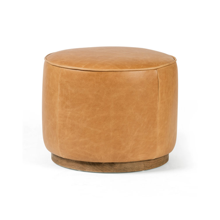 Tan Leather Round Cocktail Ottoman with Natural Wood Base