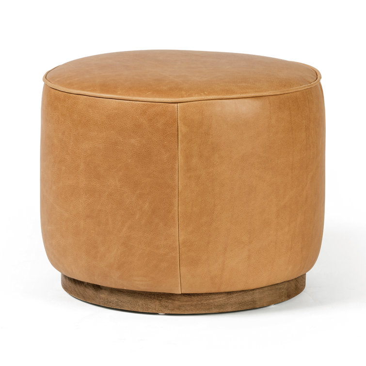 Tan Leather Round Cocktail Ottoman with Natural Wood Base