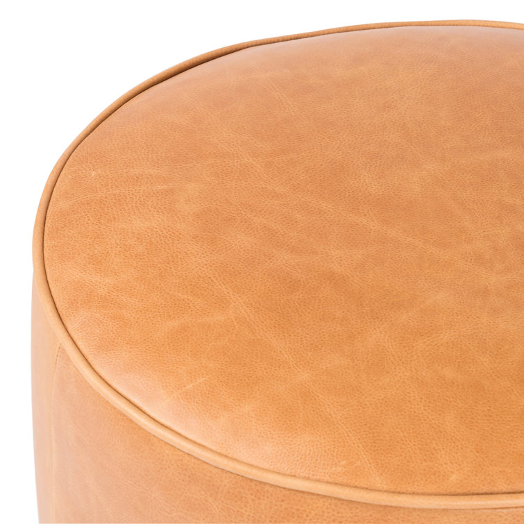 Tan Leather Round Cocktail Ottoman with Natural Wood Base