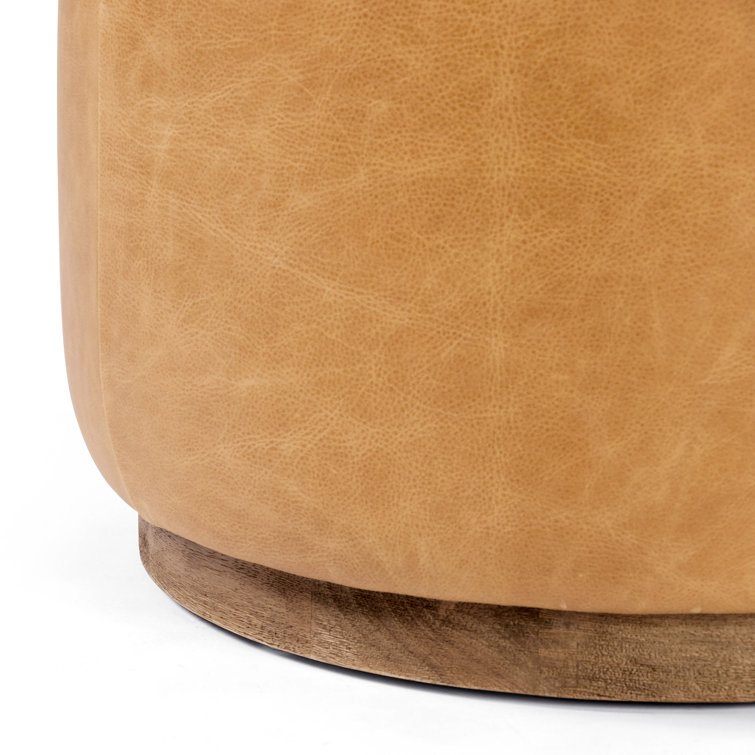 Tan Leather Round Cocktail Ottoman with Natural Wood Base