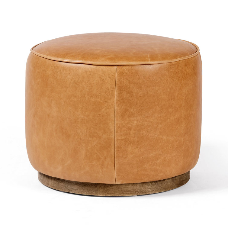 Tan Leather Round Cocktail Ottoman with Natural Wood Base