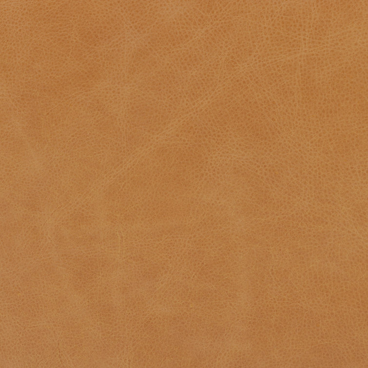 Tan Leather Round Cocktail Ottoman with Natural Wood Base