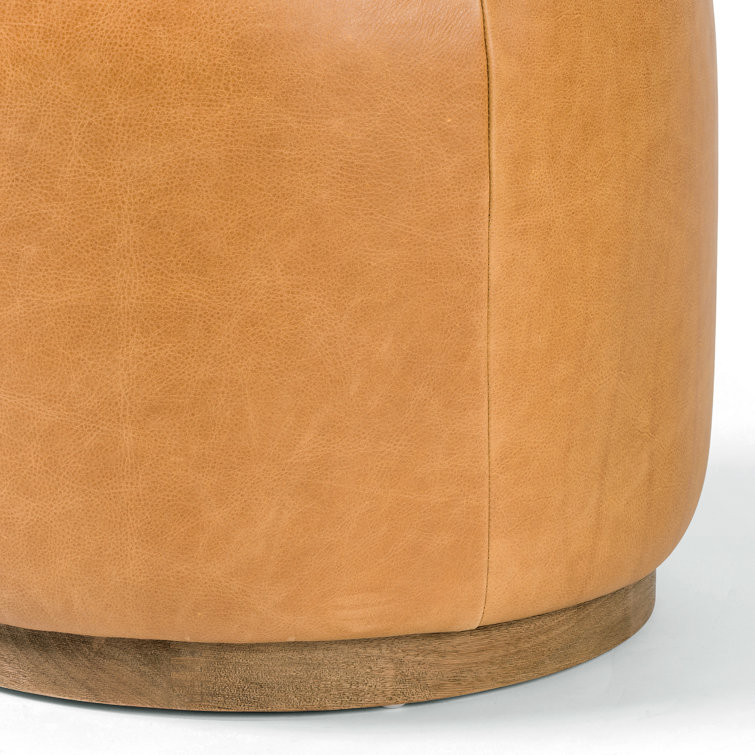 Tan Leather Round Cocktail Ottoman with Natural Wood Base
