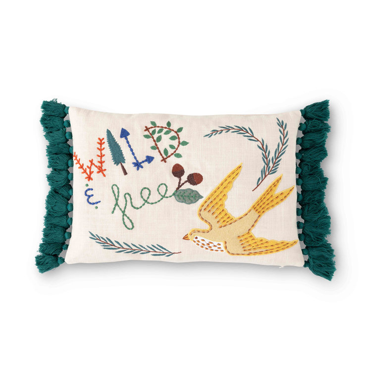 Free Bird Embroidered Cotton Pillow with Green Tassels