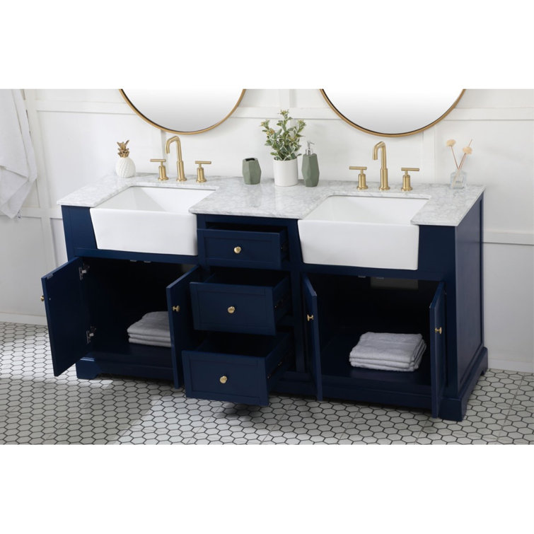 Blue and White 72" Double Sink Vanity with Marble Top