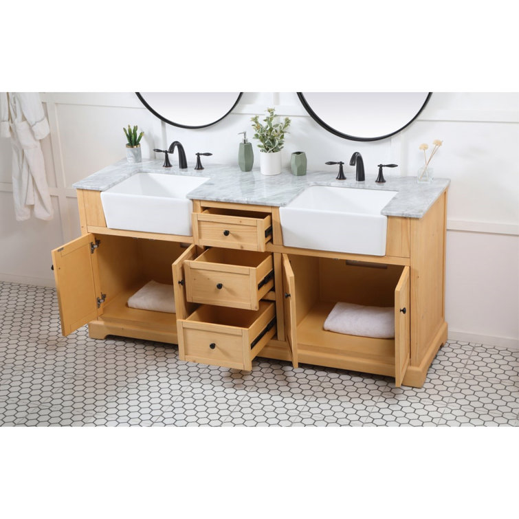 Natural Wood Double Bathroom Vanity with Carrara Marble Top